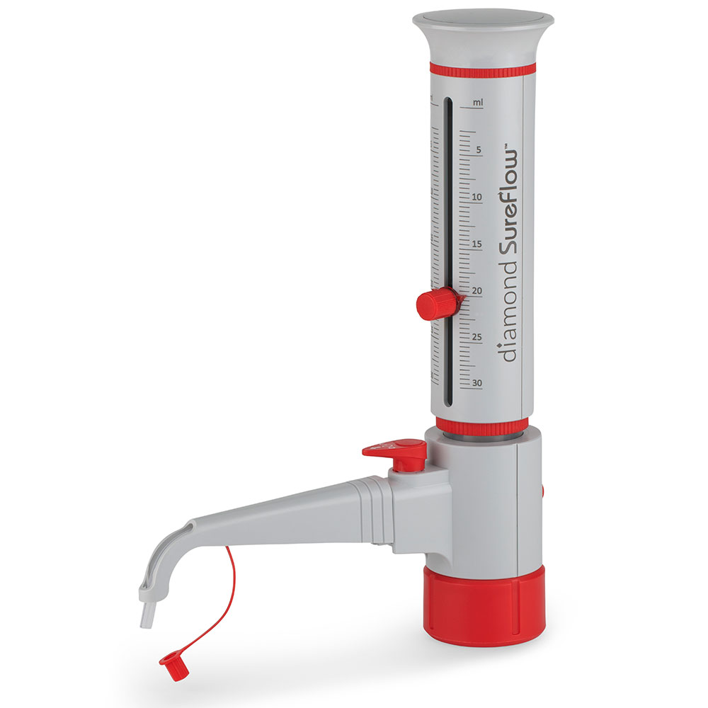 Globe Scientific Bottle Top Dispenser, Diamond SureFlow, with Recirculation, 2.5mL to 30.0mL, 0.5mL increments Image